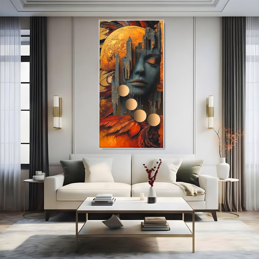 Tablou canvas cu tablou canvas cu chip de femeie si oras stilizat, in rama de aluminiu argintiu, pe perete intr-un living